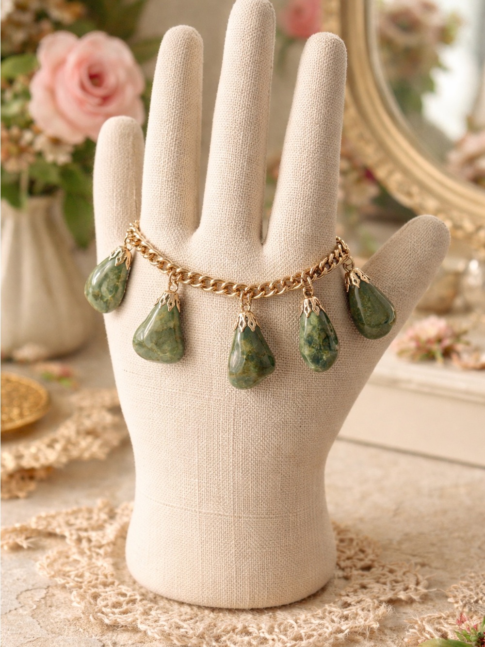 Vintage 1960s Gold Tone Chain Bracelet With Moss Agate Charms